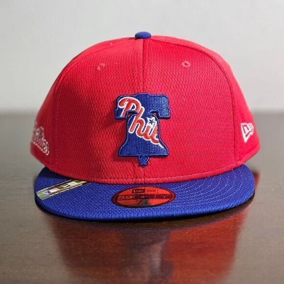 New Era MLB Phillies Fitted Hat Cap 7 7/8 Red Blue 59Fifty Bating Practice New - Picture 5 of 16
